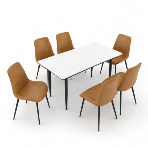 Image of Eclipse Six Seater Faux Marble Dining Set | 15mm Sintered Stone Dining Table | Upholstered Metal Chairs | Snow White (DIY Assembly)
