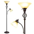 Torchiere Floor Lamp for Living Room, LED Standing Reading Light for Bedroom with Glass Shade for Living Room Corner Bedroom Home Office,Bulbs Included (Yellow Lampshade, Glass 2 Head)