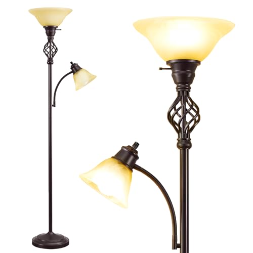 GyroVu Torchiere Floor Lamp for Living Room, LED Standing Reading Light for Bedroom with Glass Shade for Living Room Corner Bedroom Home Office,Bulbs Included (Yellow Lampshade, Glass 2 Head) by GyroVu - Used condition - US$54.51