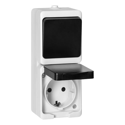 Miratic Enchufe Pared IP54 - Enchufe con Interruptor - Enchufe Superficie Blanco y Negro Schuko 2P+T Alta Resistencia y Seguridad