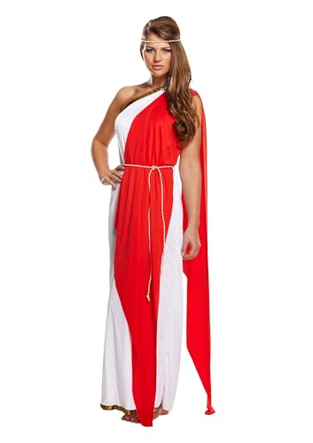 HENBRANDT Robe longue romaine pour femme avec châle rouge et coiffe, longueur au sol, toga blanche, costume d'histoire ancienne, déguisement pour femme, taille unique
