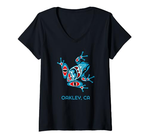 Oakley Red Blue Frog PNW Native American California V-Neck T-Shirt