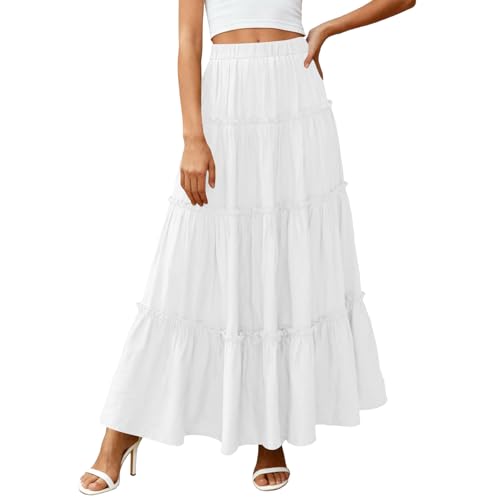 Maxi Skirts Linen Summer Flowy Tiered Elastic High Waisted A Line Vintage Pleated Long Skirts for Women Spring Boho Womens Clothing White 2XL