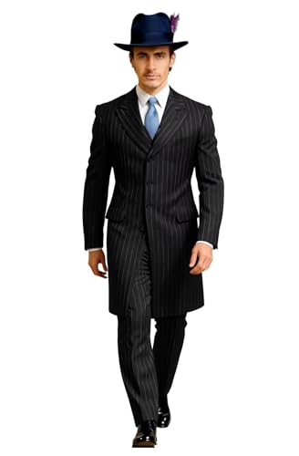 ORBITRAY Black Pin Stripe Suits for Men 3 Pieces Suit Business Wedding Party Long Blazer Vest& Pants Set