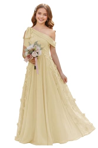 wyxis Champagne Junior Bridesmaid Dresses with Bow Chiffon Flower Girl Dress for Wedding One Shoulder Teen Girls Party Gowns Size 13