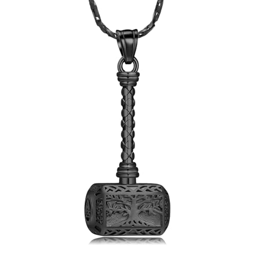 Imrsanl Viking Thor's Hammer Urn Necklace for Ashes Tree of Life Cremation Jewelry Ashes Holder Keepsake Human Memorial Pendant for Women Men