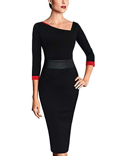 Vfshow Womens Vintage Asymmetrical Neck Slim Work Office Business Party Sheath Dress 2276 BLK XXL
