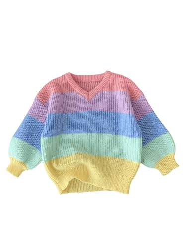 WDIRARA Toddler Girl's Rainbow Striped Sweater V Neck Long Sleeve Knit Top Cute Knitwear