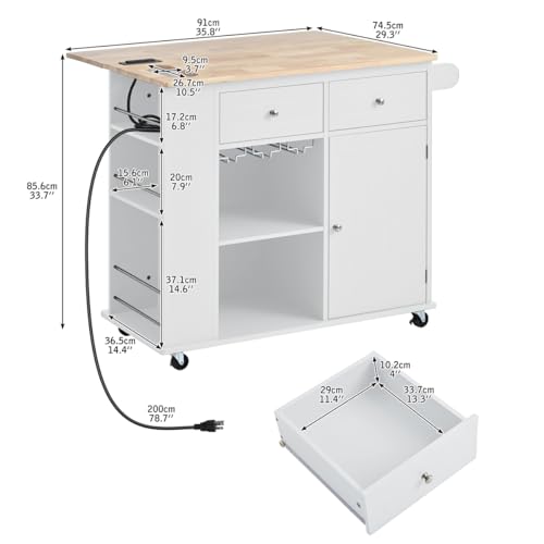 HOMIQUEEN Power Outlet Kitchen Island with Open Storage and Wine Rack, Kitchen Storage Island with Drop Leaf and 5 Wheels, Adjustable Storage for Kitchen Dining Room (White)