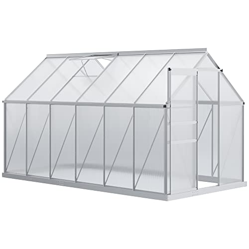 Outsunny Invernadero Policarbonato Aluminio de Jardín 190x375x199 cm 7,1m² Caseta de Exterior con Base Puerta Corredera y 2 Tragaluces para Cultivo Plantas Semillas Transparente