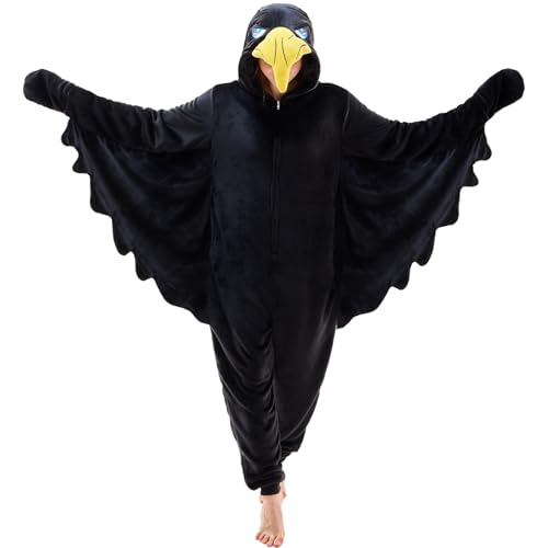 NEWCOSPLAY Unisex Adult Crow Onesie Pajamas Animal One Piece Halloween Costume Cosplay Sleepwear (Crow Large)