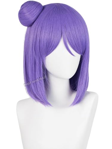 Image of Half and Half Short Purple Bob Anime Cosplay Wig with Bangs & Bun 13.4'' Light Purple Nin-ja Women's Synthetic Hair Wigs for Halloween Party Costumes