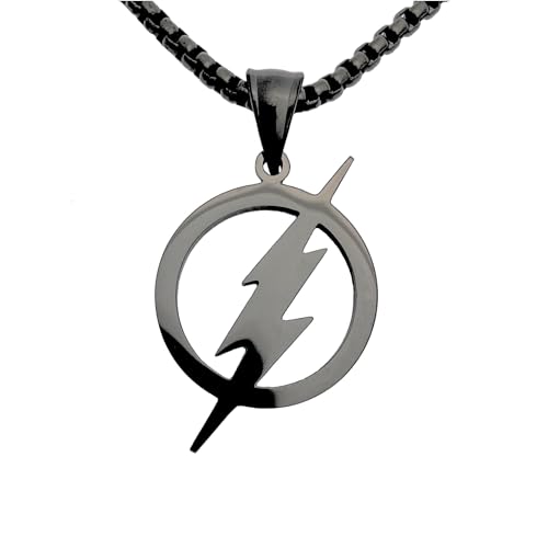 Tapp Collections Stainless Steel Superhero Pendant Necklace (Flash Lightning Bolt / Steel Chain / Black Color)