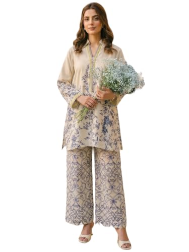 Image of Women's Poly Rayon Co-Ord Set Kurta with Full Sleeves Floral Printed Pattern V Neck Regular Fit and Waist Length | Co-ord Kurta Sets for Woman | Casual Women Kurta Stylish