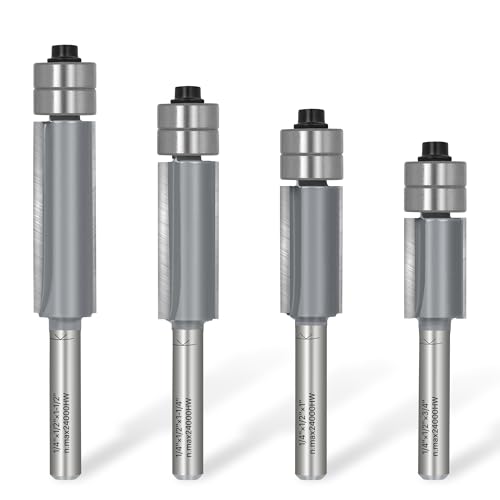 KEENTECH 4PCS Double Bearing Flush Trim Router Bits Set 1/4 Inch Shank, 1/2 Inch Cutting Diameter, 3/4", 1", 1-1/4", 1-1/2" Inch Cutting Length, Woodworking