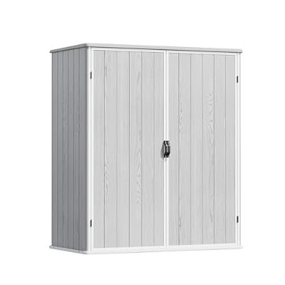 Devoko 5 x 3 Resin Outdoor Storage Shed with Floor - Waterproof Plastic Outdoor Tool Cabinet with Lockable Doors for Patio Furniture, Pool Accessories, Garden Tools (Light Gray)
