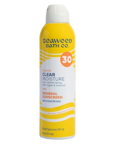 Seaweed Bath Co. Clear Moisture Mineral SPF 30 Broad Spectrum Sunscreen Spray - With Hydrating Algae, Coconut & Hyaluronic Acid - Non Aerosol, Tropical Scented Sunblock - 6 oz