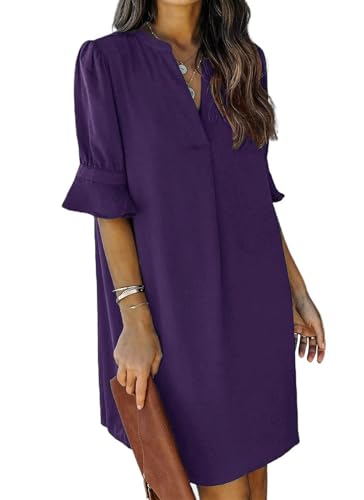Image of QACOHU Womens Summer V Neck Shift Mini Dresses 2026 | Basic Flowy Swing Dress, Ruffle Short Sleeve, Loose Fit, Straight, Floral Boho Style, Casual Beach Wedding Guest Outfits