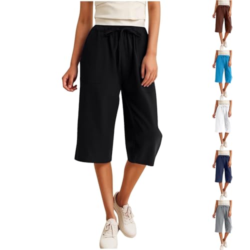 Linen Capris Pants for Women Summer Drawstring High Waisted Yoga Pants Comfy Soft Baagy Lounge Trousers with Pockets