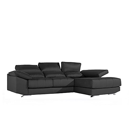 Zendo Divani Cebu Divano Destra con 2 scorrevoli sedie Lunghe, Pelle, Nero, 300 x 183 x 95 cm
