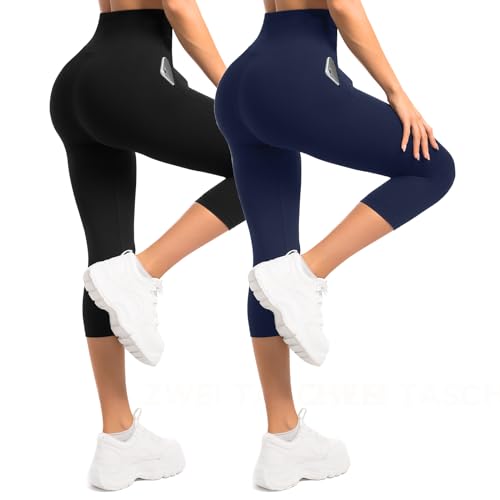 Sanpetix Damen 3/4 Leggings mit Taschen, 2er Pack Capri Leggings mit hoher Taille für Damen, butterweiche, elastische Hosen für Workout, Fitnessstudio und Yoga