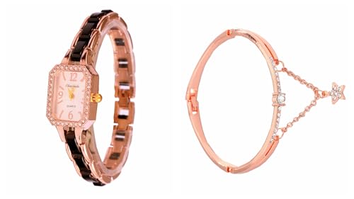Montre à quartz femme rectangulaire or rose strass en cristal