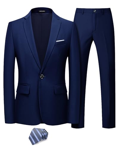 MrSure Men's 2 Piece Suit with Tie, One Button Slim Fit Solid Jacket and Pants Set, Suits for Men Prom Party Wedding Business, Deep Blue