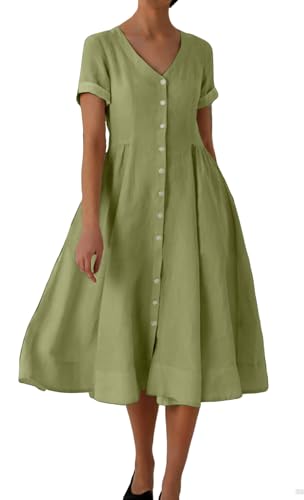 Image of chouyatou Women's Summer Fit and Flare Swing Cotton Dress Casual V-Neck Button Down Beach Midi Dress