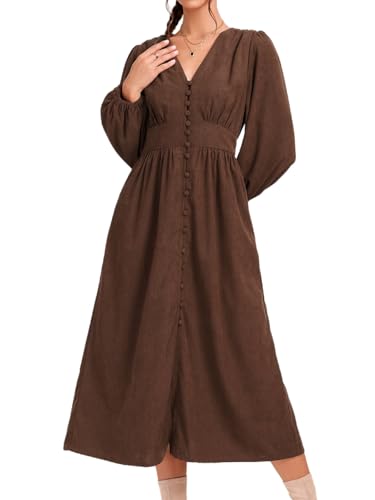 Damen Cord-Midi-Kleid, Knopfleiste, A-Linie, Puffärmel, Maxikleid für Hochzeitsgäste, Braun, Groß
