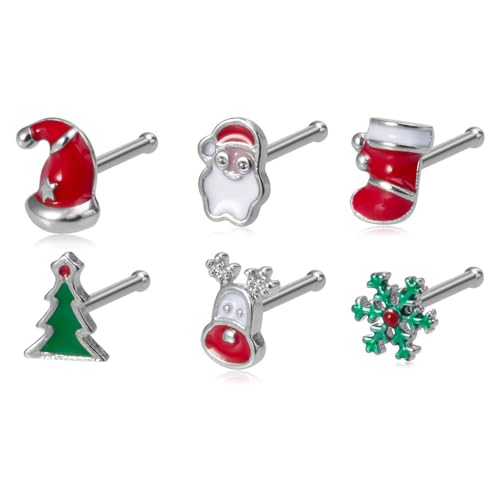 Niaspi 6Pcs 20G Christmas Elements Nose Rings Studs for Women Stainless Steel Straight Post Nose Rings Cute Santa Claus Elk Christmas Tree Nose Nostril Piercing Jewelry (Silver)
