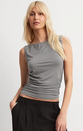 Image of SIGHTBOMB Ultra Soft Microfiber OH SO Soft Boat Neck Sleeveless Ruched SOFTLINE Cuddle TEE Tank TOP for Women TOP