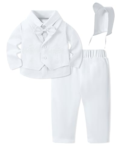 YALLET Baby Boys Christening Clothes 9-12 Months Spring Suit Long Sleeve Baby Boy Baptism Outfits Gentleman Wedding Dress Shirt + Cute Winter Fall Pants + Formal Embroidery Vest + Bowtie Pure White