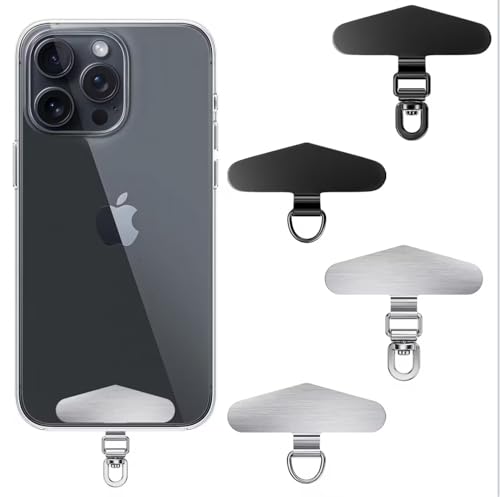 Kaptron Phone Tether Tab for iPhone - Heavy Duty Stainless Steel Metal Phone Tether Tabs, Phone Strap Replacement Part (Silver Black, 4 Pack)
