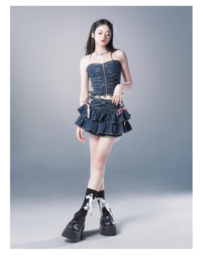 Y2K Women Ruffle Hem Blue Jean Pleated Mini Skirt - Denim Bustier Top Suit4