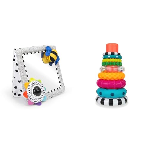 Image of Sassy Tummy Time See Me Floor Mirror for Ages 0+ Months (80928) & Stacks of Circles Stacking Ring STEM Learning Toy, Age 6+ Months, Multi, 9 Piece Set