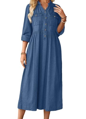 loveimgs Women Casual Button Down High Waist Midi Denim Dress V Neck Pleated Shirt Jean Dress A Line Long Sleeves Pockets (X-Large,Blue)