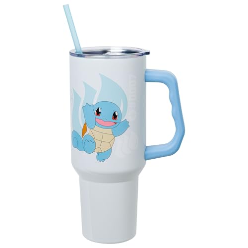 Image of Silver Buffalo Pokemon Featuring Squirtle Double Walled Stainless Steel Tumbler with Handle and Straw, Fits in Standard Cup Holder, 40 Ounces