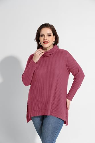 Image of RITERA Women's Plus Size Waffle Tops Long Sleeve Turtleneck Sweater Shirts Knit Tunic Oversized Casual Pullover Blouse XL-5XL