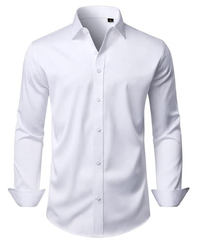 Mens White Dress Shirts Wrinkle-Free Long Sleeve Stretch Button Down Shirt