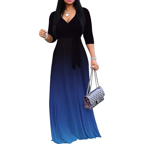 Image of PinkPatty Women's Plus Size Maxi Dresses Casual Flowy 3 /4 Sleeves Dress Printed Vacation Dress for Daily Wear with Belt