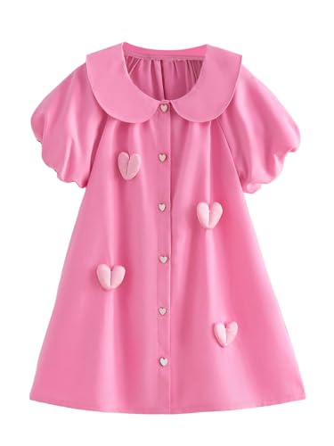 GORGLITTER Girl's Heart Print Puff Short Sleeve Short Dresses Summer Cute Large Doll Collar Ruffle Flowy Sun Dress