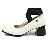 Lizoleor Classic Block Heel Square Toe Slip On Women Court Shoes Ankle Strap Elastic Band Mid Heel Wide Fit Summer Pumps White Size 3 US/34