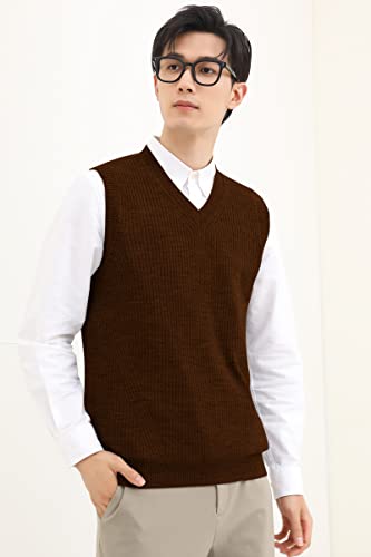 Zhilifs Mens V-Neck Knitted Sweater Sleeveless Pullover Knitwear Vest Solid Plain Loose Fit All Match Sweater Tops_Chocolate_Xx-Large #TOP1
