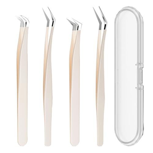 YGCQFH 4 Stück Wimpern Pinzette, Wimpernpinzette Set aus Edelstahl, Gebogene Pinzetten, Pinzette zur Verlängerung falscher Wimpern, Wimpernpinzette für Wimpernverlängerungen(Beige)