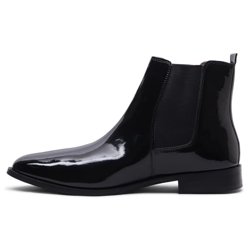 Image of LOZANO Italian Cut Black Patent Leather Chelsea Boots for Men | High Ankle Cuban Heel Square Toe Zip Closure Cushioned Insole Boot