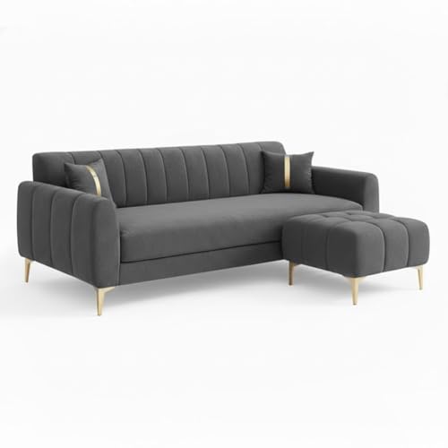 Image of Hermione 4 Seater L Shape Sofa Set with Movable Ottoman | Flexible Left or Right Layout | Luxe Velvet Suede Fabric | Comfortable Seating | Modern Sofa for Living Room - Dark Gray