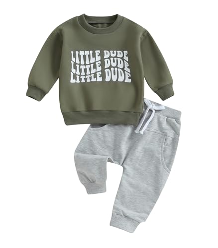 Image of Baby Toddler Boys Fall Winter Outfits Little Dude Letter Printed Long Sleeve Sweatshirts Pants 2Pcs Clothes Set