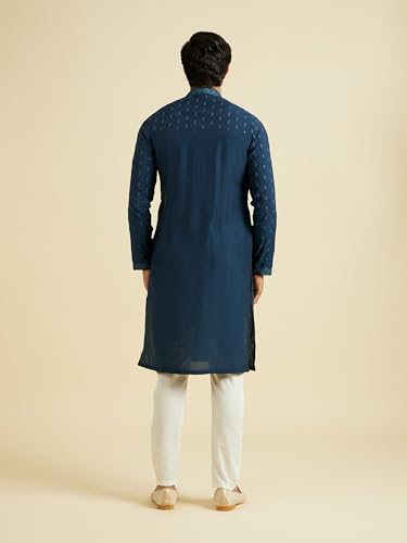 Kurta Manyavar bleu foncé ensemble de pyjama brodé en viscose XL pour homme - 3