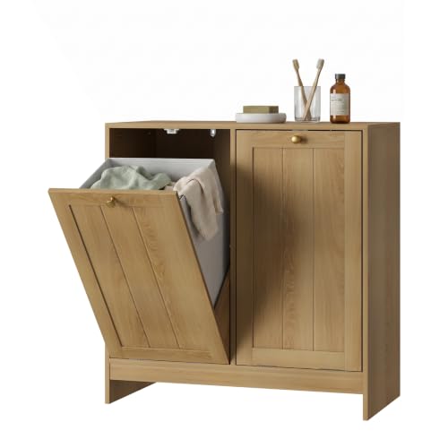Image of Smart FENDEE Double Tilt Out Laundry Hamper Cabinet, Small Hidden Trash Cabinets with 2 Baskets for Kitchen, Freestanding Bathroom Storage Cabinet Unit, Natural Oak