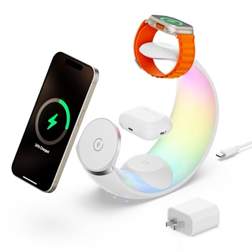 3 in 1 Charging Station for Apple Magnetic Wireless Charger for iPhone 16 15 14 13 12 11 9 8 All Series with RGB Night Light & for Apple Watch Charger & for AirPods 4 with ANC/3/2/Pro